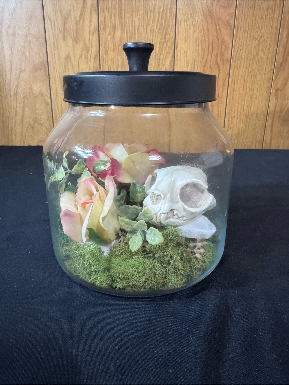 Black Lid Glass Terrarium Jar with Floral and Moss Display